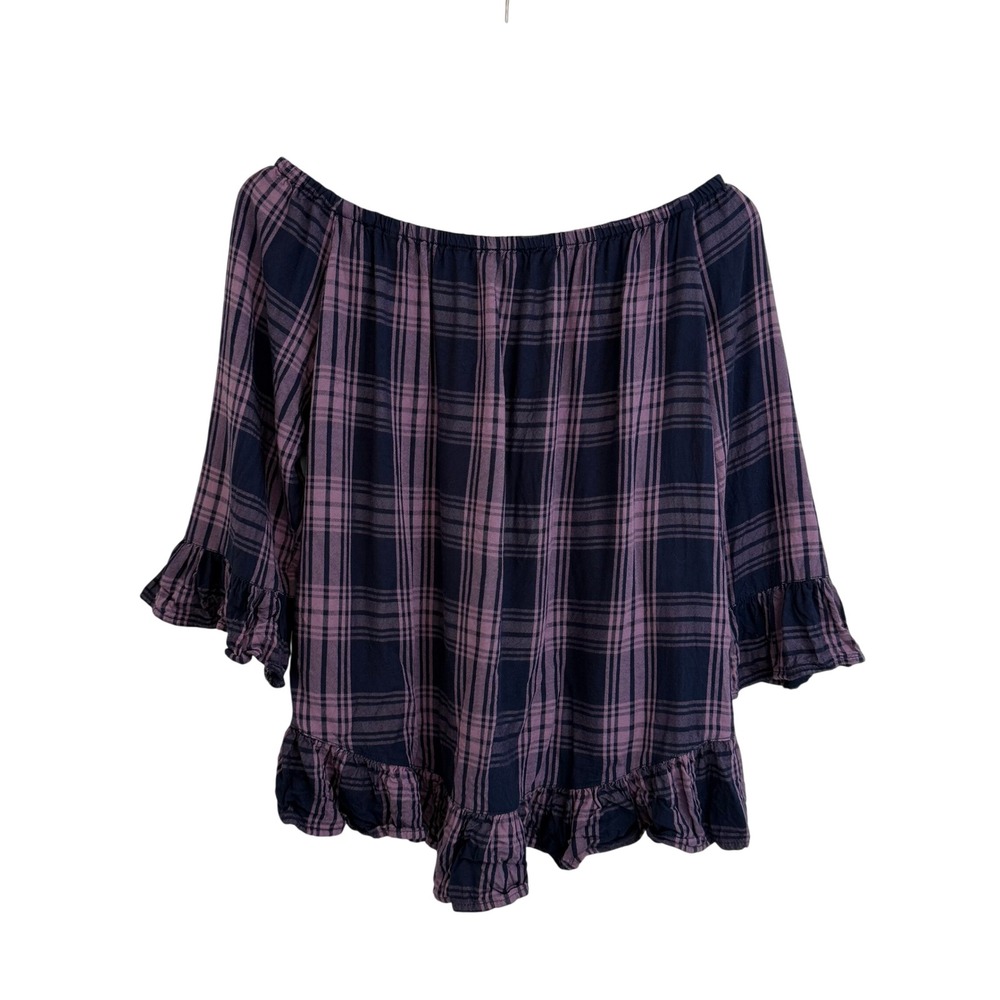 Beachlunchlounge Purple‎ Navy Plaid Off Shoulder Ruffle Blouse Large L Boho Top